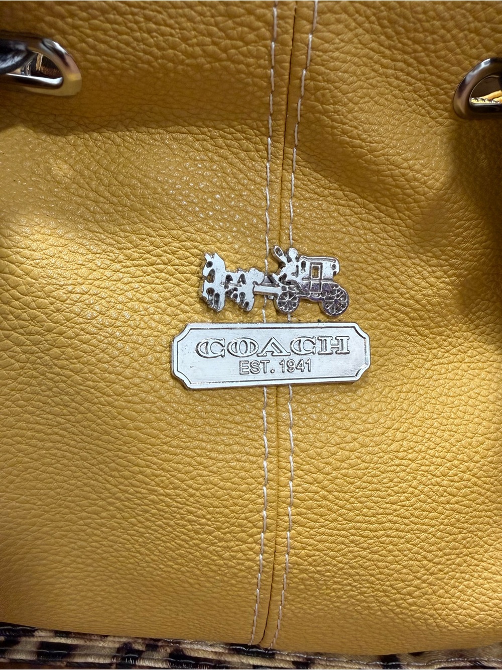 RARE  Mustard Yellow Pebbled Leather Tote with Leopard Accents - Picture 2 of 11